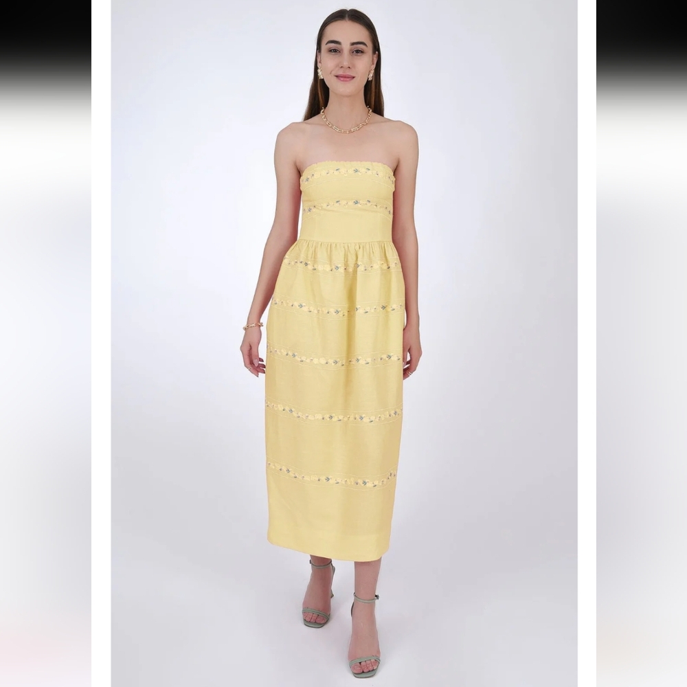 NWT Fanm Mon Anim Strapless Linen Embroidered Dress